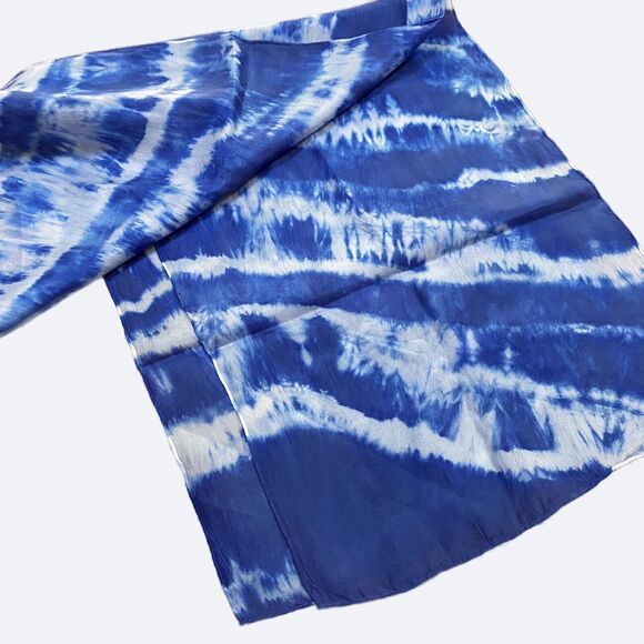 Tie Dye Silk Scarf Blue White Abstract Boho Festival Rectangle Artisan Handmade - Picture 5 of 5